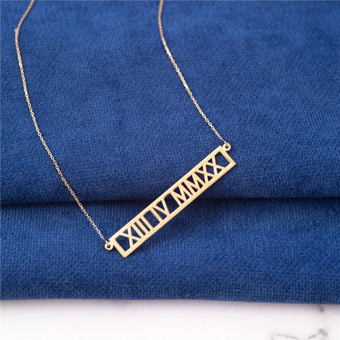 Goldstore-14k 18k Solid Gold Custom Roman Numeral Necklace, Personalized Wedding Keepsake Date Coordinates Necklace, Horizontal Necklace Gift for Her
