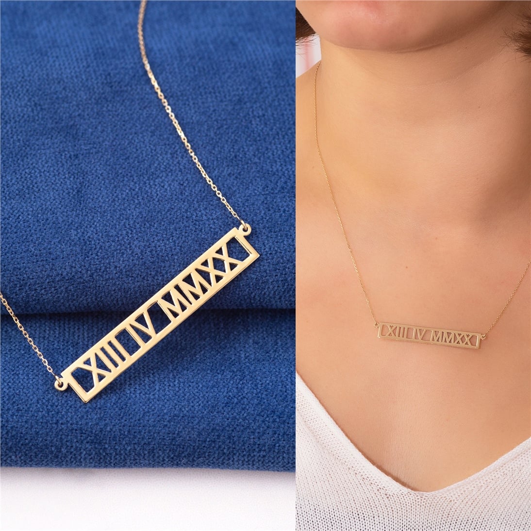 Goldstore-14k 18k Solid Gold Custom Roman Numeral Necklace, Personalized Wedding Keepsake Date Coordinates Necklace, Horizontal Necklace Gift for Her