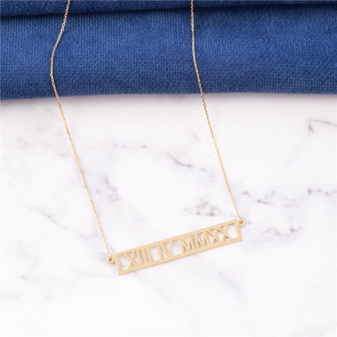 Goldstore-14k 18k Solid Gold Custom Roman Numeral Necklace, Personalized Wedding Keepsake Date Coordinates Necklace, Horizontal Necklace Gift for Her