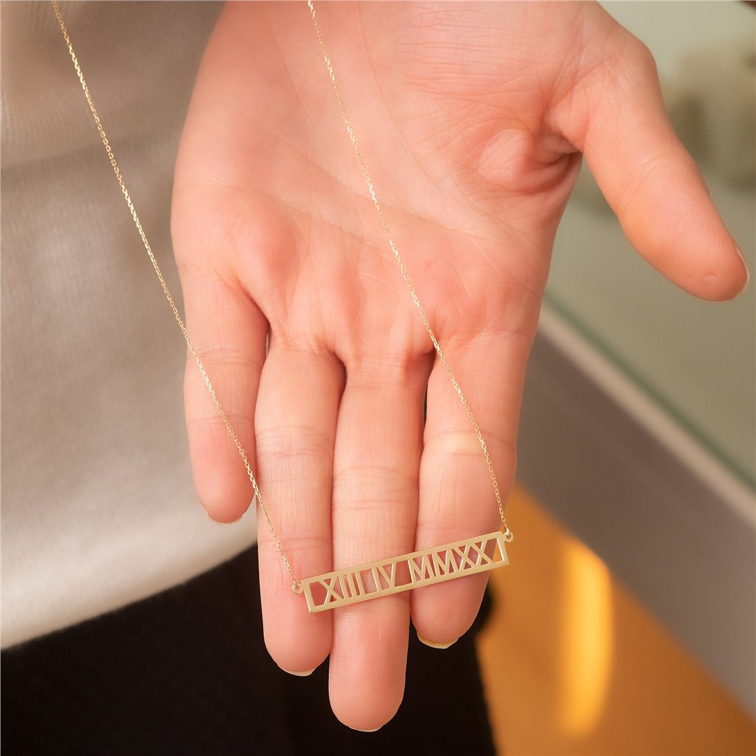 Goldstore-14k 18k Solid Gold Custom Roman Numeral Necklace, Personalized Wedding Keepsake Date Coordinates Necklace, Horizontal Necklace Gift for Her