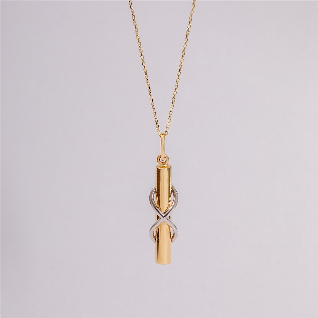 Goldstore-14K 18K Solid Gold Cylinder Bar with Entwined Infinity Urn Necklace, Dainty Cylinder Bar with Infinity Symbol Pendant, Cremation Ash Holder