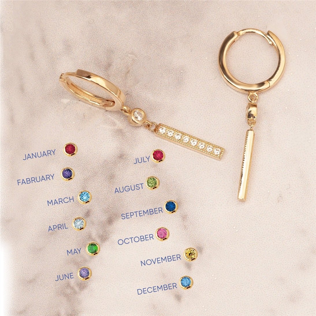 Goldstore-14K 18K Solid Gold Dangle Drop Bar Earring, Birthstone Dangle Drop Hoop Earring, Cz Pave Bar Dangling Earring Gift For Her Bridesmaid Gift