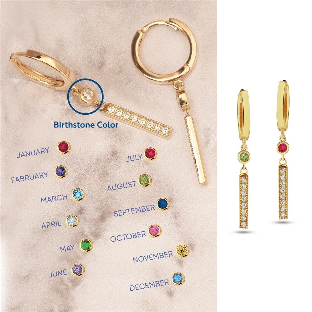 Goldstore-14K 18K Solid Gold Dangle Drop Bar Earring, Birthstone Dangle Drop Hoop Earring, Cz Pave Bar Dangling Earring Gift For Her Bridesmaid Gift