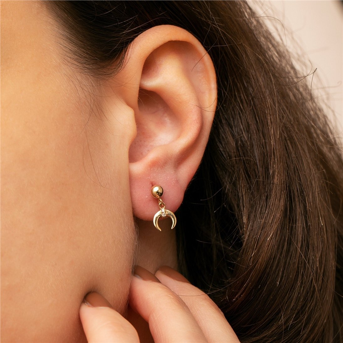 Goldstore-14K 18K Solid Gold Dangling Double Horn Ball Stud Moon Earrings, Dainty Moon & Ball Earrings, Cute Ear Pin is a Great Gift For Her,