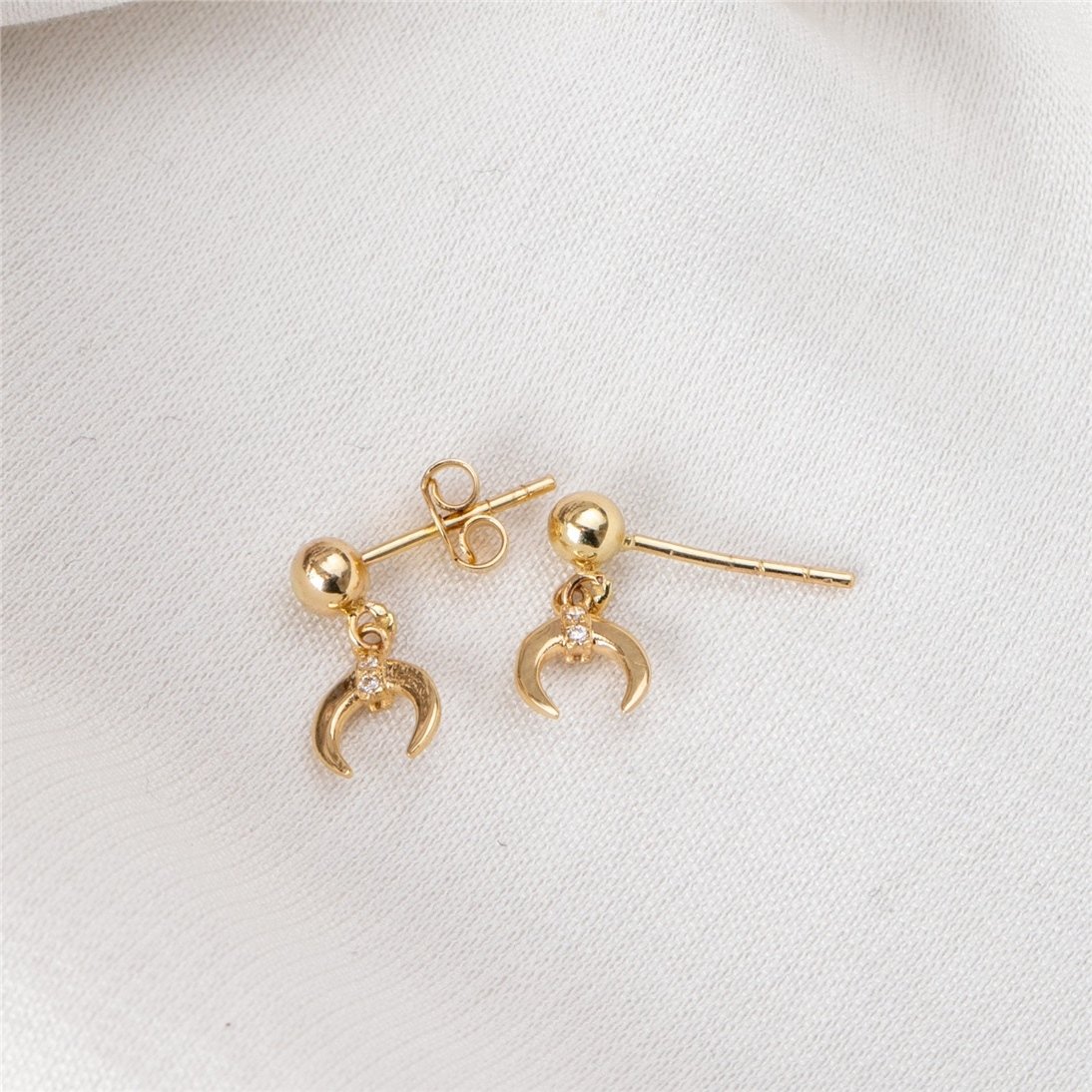 Goldstore-14K 18K Solid Gold Dangling Double Horn Ball Stud Moon Earrings, Dainty Moon & Ball Earrings, Cute Ear Pin is a Great Gift For Her,