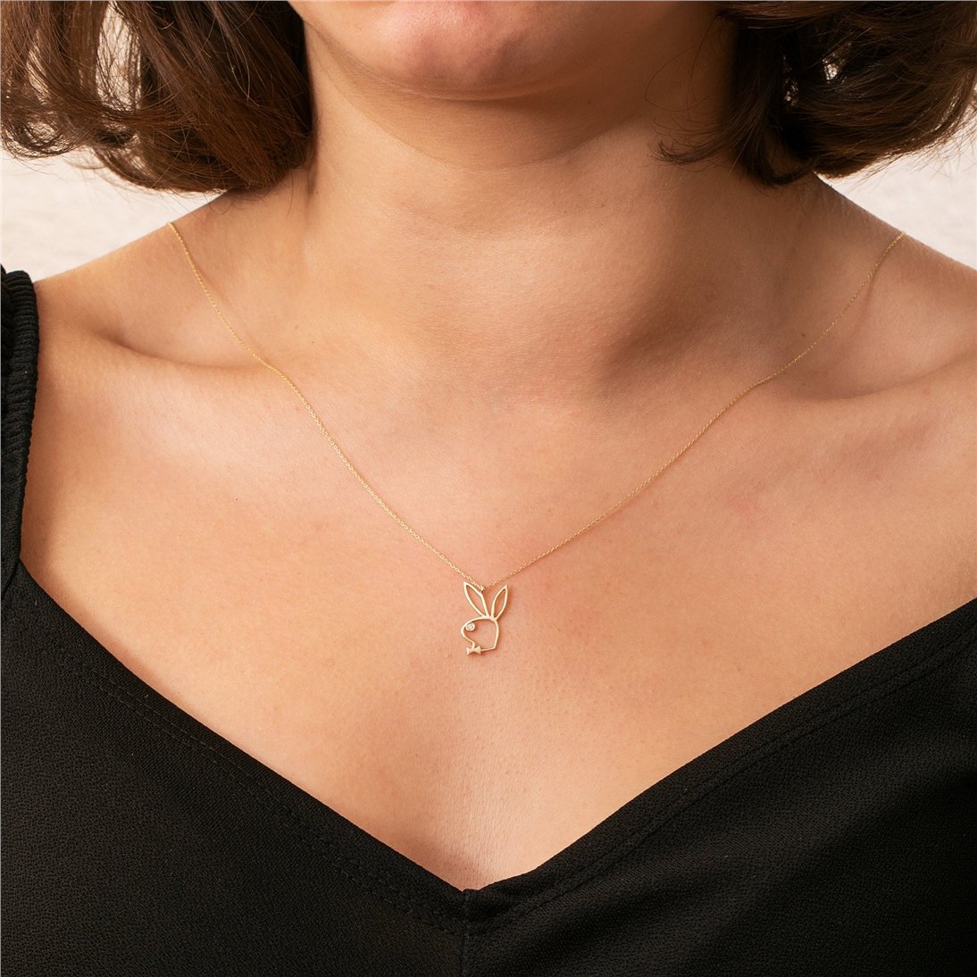 Goldstore-14k 18k Solid Gold Diamond Bowtie Rabbit Necklace, Genuine Diamond Rabbit Pendant, Tiny Bunny Rabbit Charm Choker Necklace, Valentines Gift