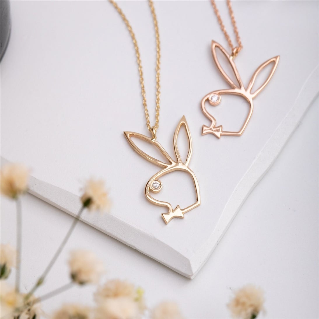 Goldstore-14k 18k Solid Gold Diamond Bowtie Rabbit Necklace, Genuine Diamond Rabbit Pendant, Tiny Bunny Rabbit Charm Choker Necklace, Valentines Gift