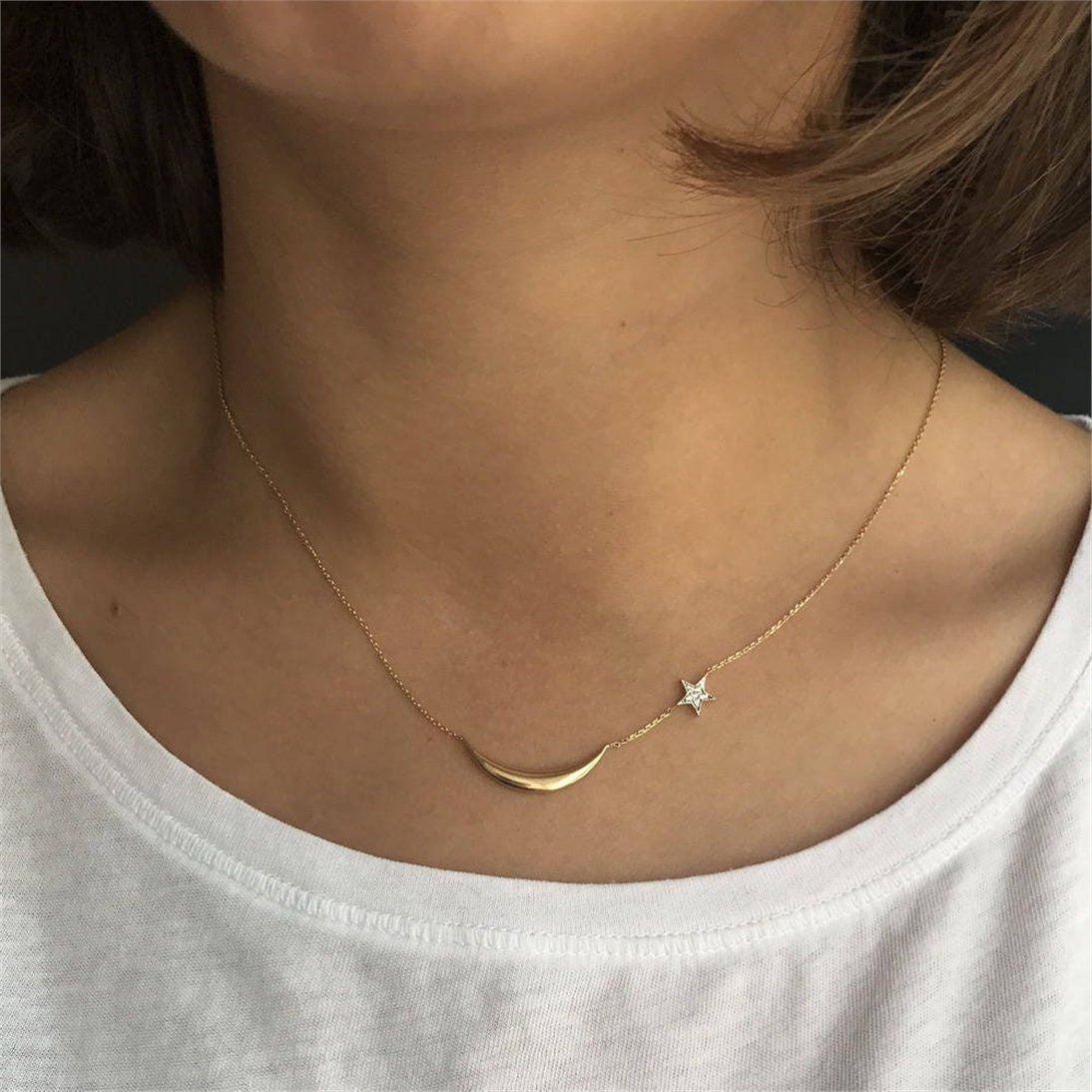 Goldstore-14k 18k Solid Gold Diamond Crescent Moon & Star Necklace, 14k yellow white or rose solid gold natural diamond necklace, gift for her