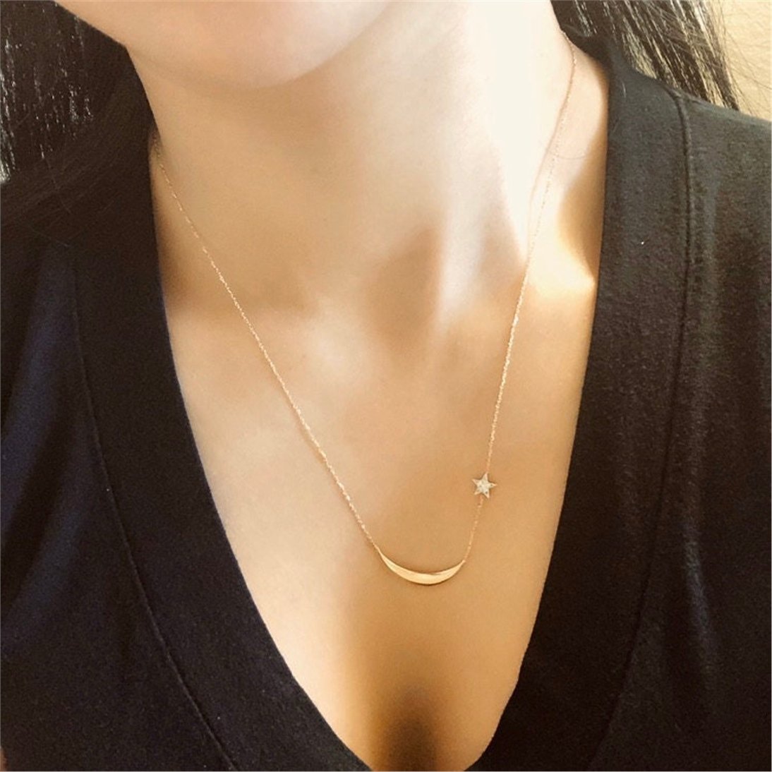 Goldstore-14k 18k Solid Gold Diamond Crescent Moon & Star Necklace, 14k yellow white or rose solid gold natural diamond necklace, gift for her