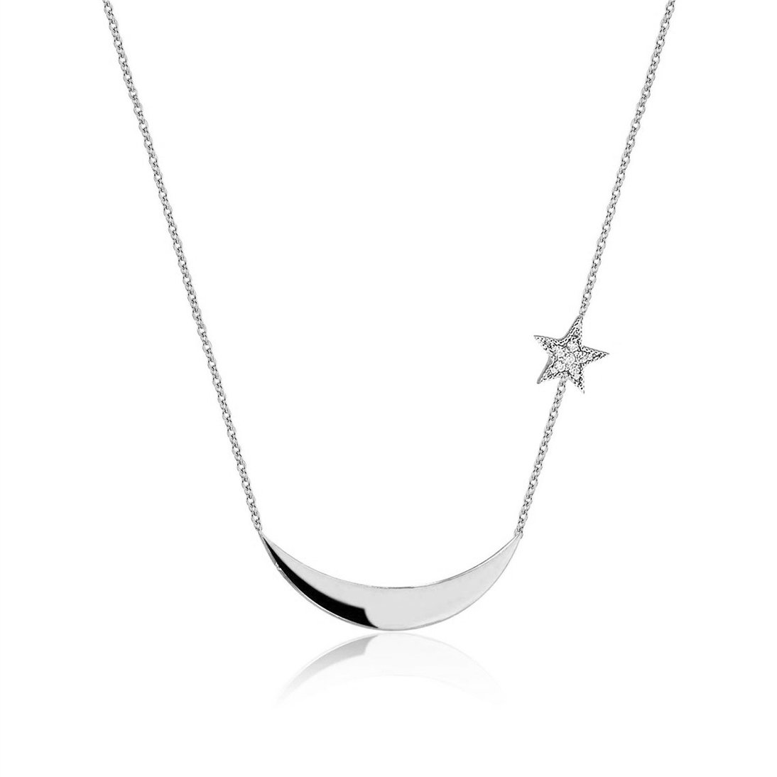 Goldstore-14k 18k Solid Gold Diamond Crescent Moon & Star Necklace, 14k yellow white or rose solid gold natural diamond necklace, gift for her