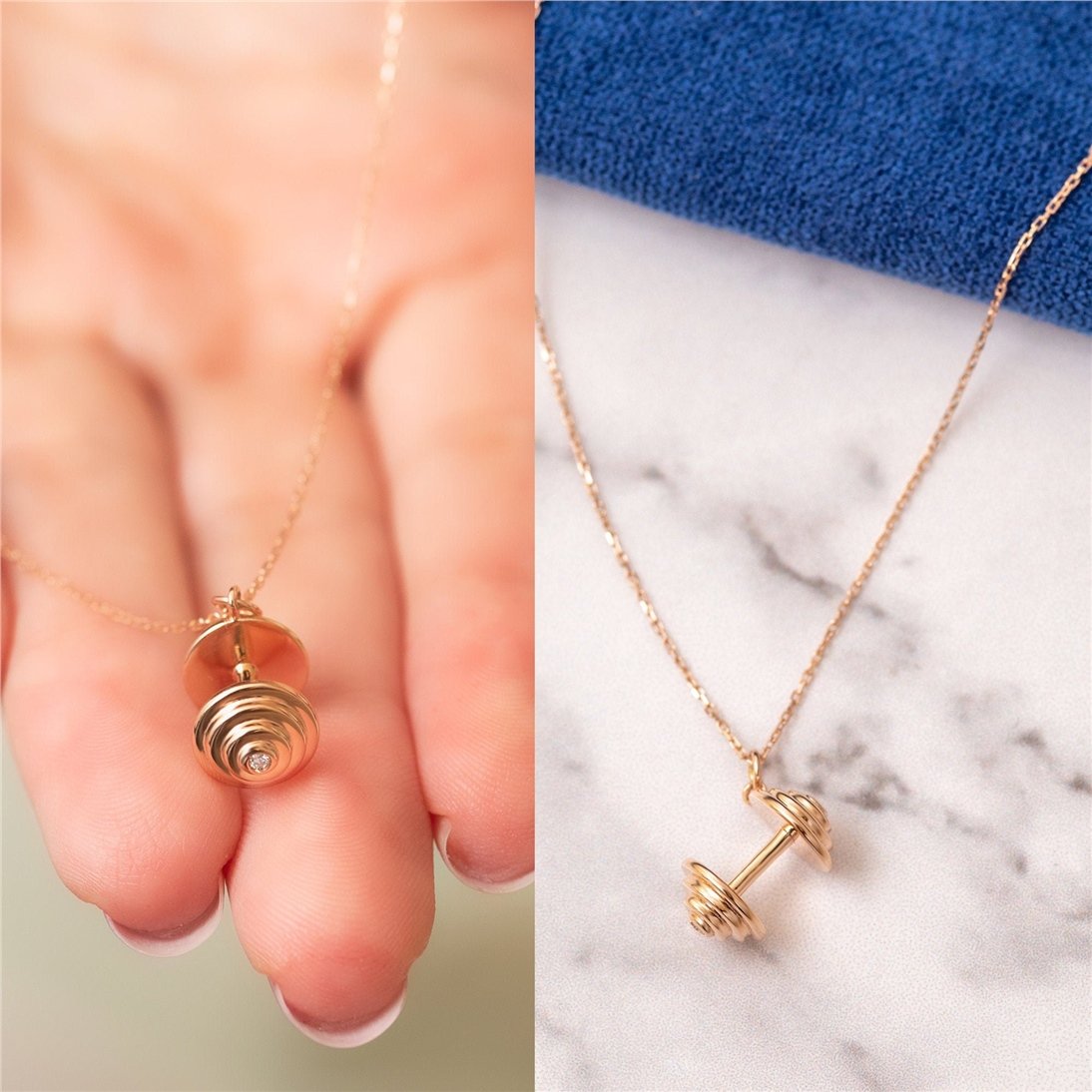 Goldstore-14k 18k Solid Gold Diamond Dumbbell Necklace, Barbell Dumbbell Charm Gold Necklace, Weightlifter Necklace, Bodybuilder Necklace Gift For Man