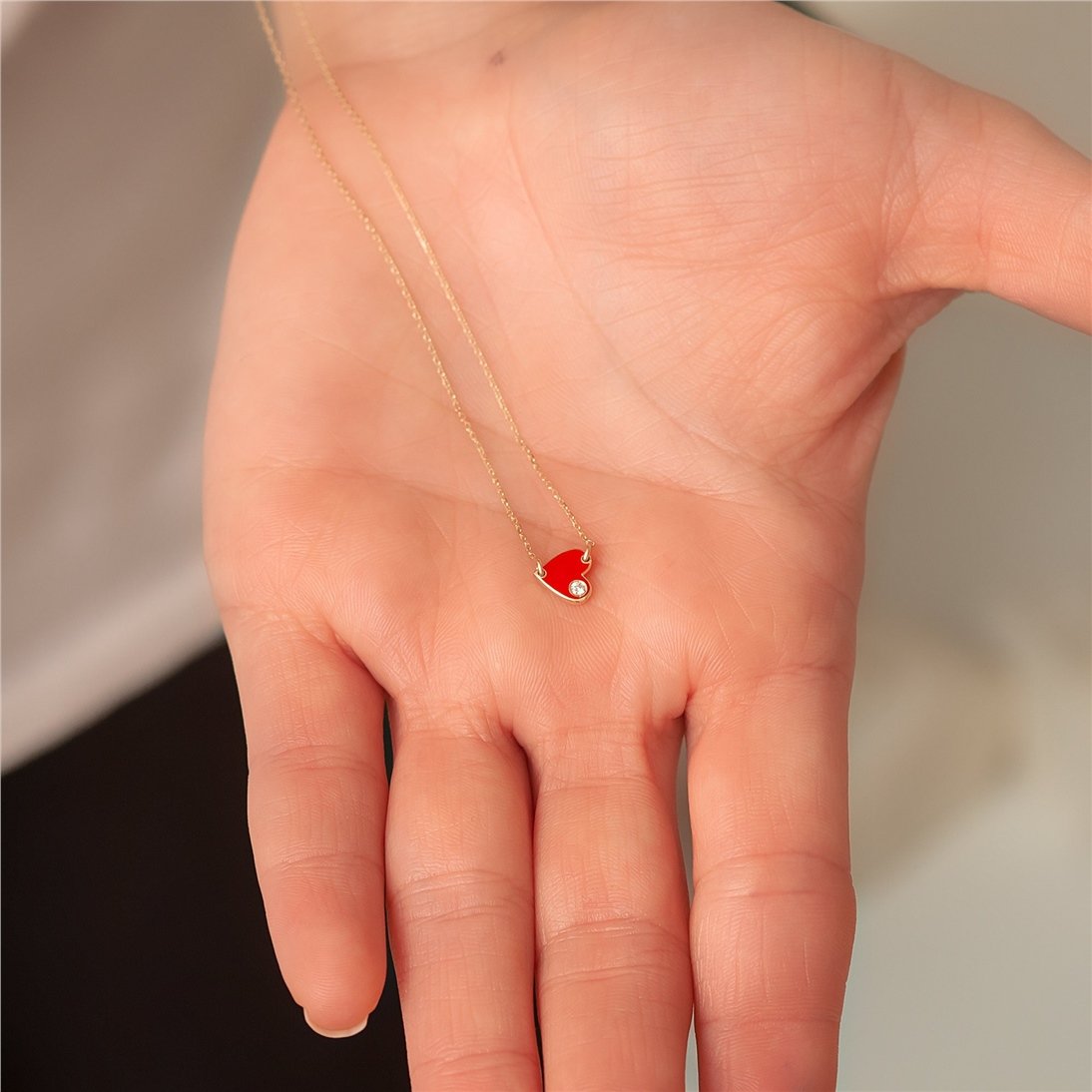 Goldstore-14k 18k Solid Gold Diamond Enamel Heart Bracelet, Red Enamel Diamond Heart Bracelet, 0.02ct Genuine Diamond Enamel Gold Heart Mini Bracelet