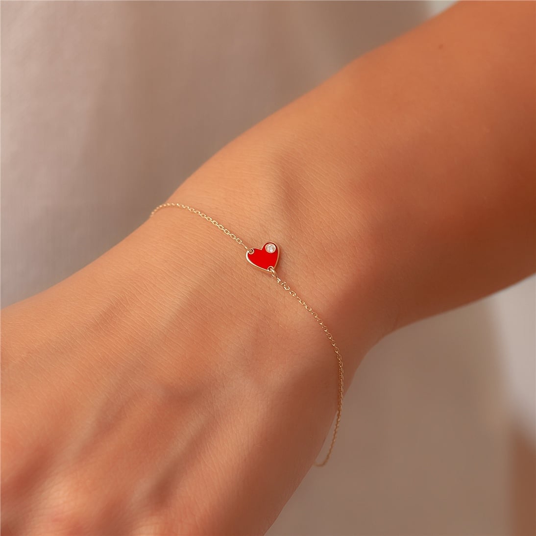 Goldstore-14k 18k Solid Gold Diamond Enamel Heart Bracelet, Red Enamel Diamond Heart Bracelet, 0.02ct Genuine Diamond Enamel Gold Heart Mini Bracelet