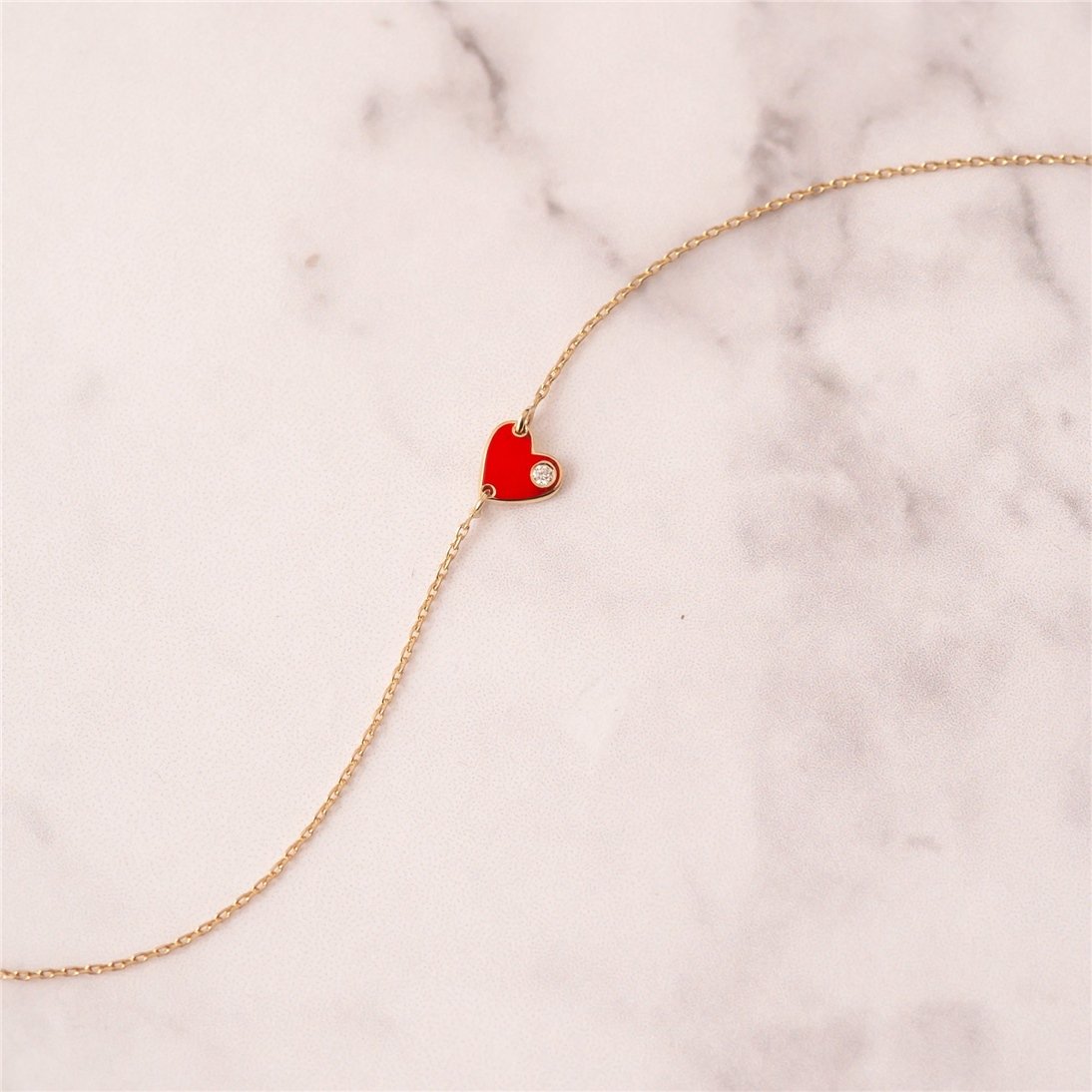 Goldstore-14k 18k Solid Gold Diamond Enamel Heart Bracelet, Red Enamel Diamond Heart Bracelet, 0.02ct Genuine Diamond Enamel Gold Heart Mini Bracelet