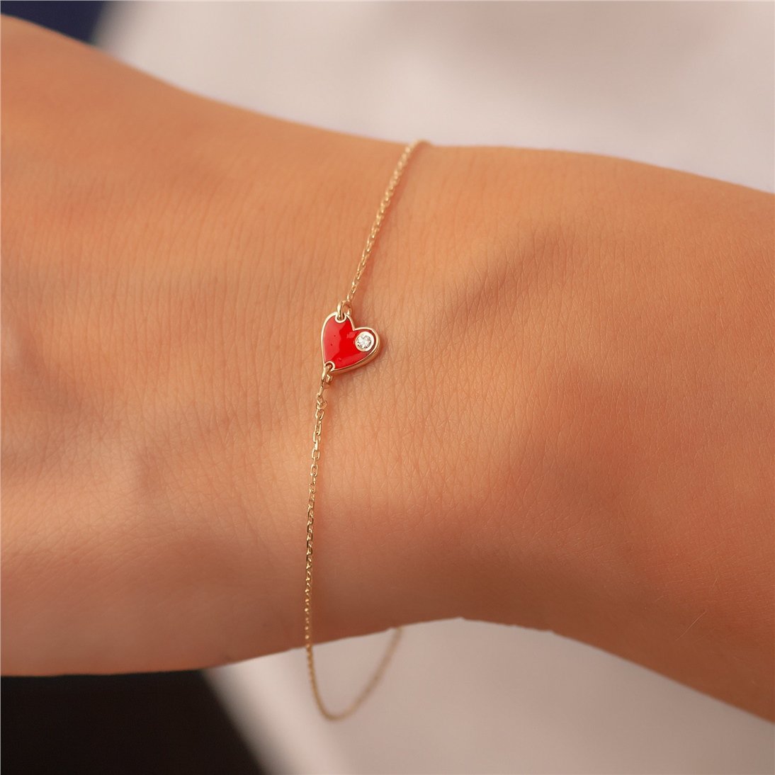 Goldstore-14k 18k Solid Gold Diamond Enamel Heart Bracelet, Red Enamel Diamond Heart Bracelet, 0.02ct Genuine Diamond Enamel Gold Heart Mini Bracelet