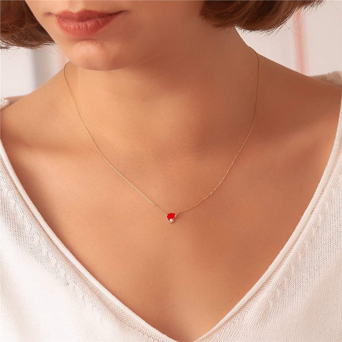 Goldstore-14k 18k Solid Gold Diamond Enamel Heart Necklace, Red Enamel Diamond Heart Necklace, 0.02ct Genuine Diamond Enamel Gold Heart Mini Necklace