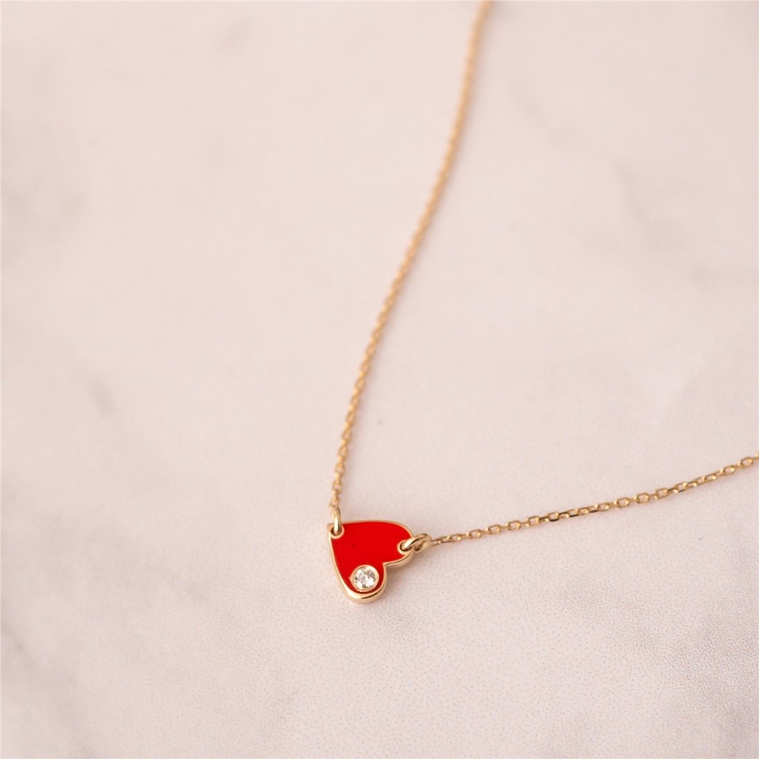 Goldstore-14k 18k Solid Gold Diamond Enamel Heart Bracelet, Red Enamel Diamond Heart Bracelet, 0.02ct Genuine Diamond Enamel Gold Heart Mini Bracelet