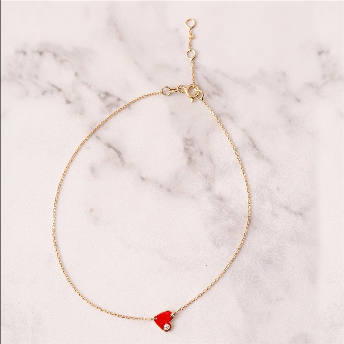 Goldstore-14k 18k Solid Gold Diamond Enamel Heart Bracelet, Red Enamel Diamond Heart Bracelet, 0.02ct Genuine Diamond Enamel Gold Heart Mini Bracelet