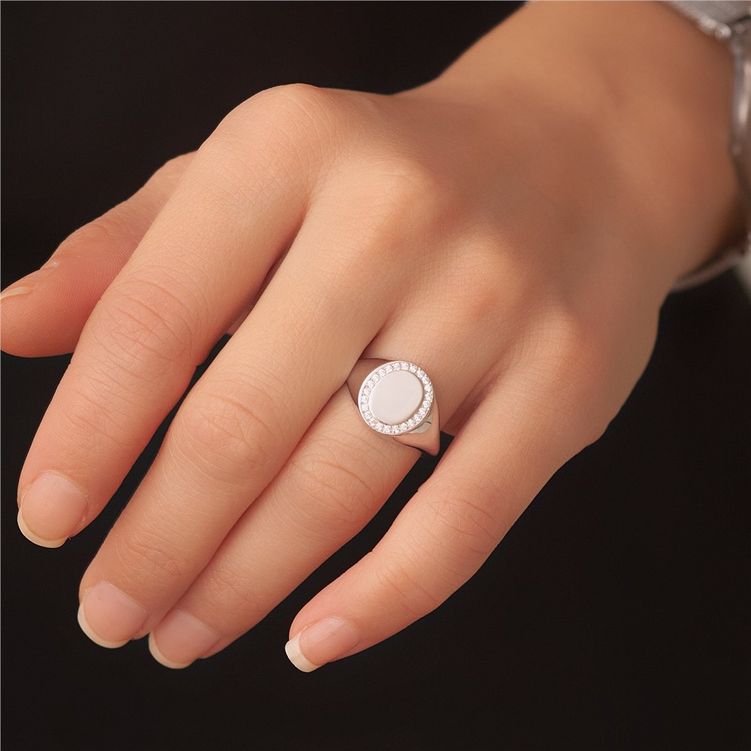 Goldstore-14K 18K Solid Gold Diamond Signet Ring, Diamond or Cz Circle Signet Gold Ring, Custom Engraved Gold Seal Ring, Sparkle Signet Ring Gift For