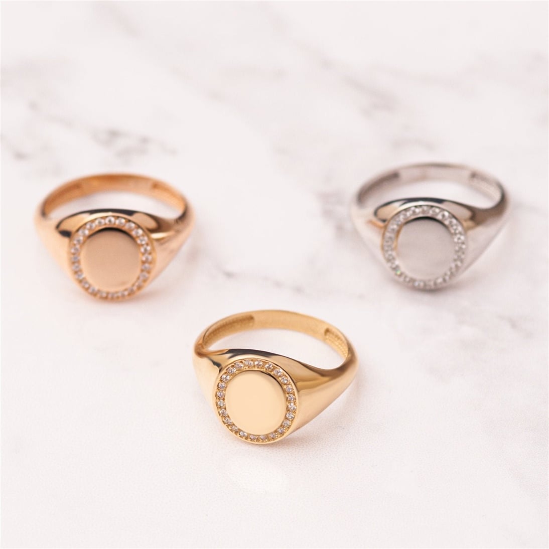 Goldstore-14K 18K Solid Gold Diamond Signet Ring, Diamond or Cz Circle Signet Gold Ring, Custom Engraved Gold Seal Ring, Sparkle Signet Ring Gift For