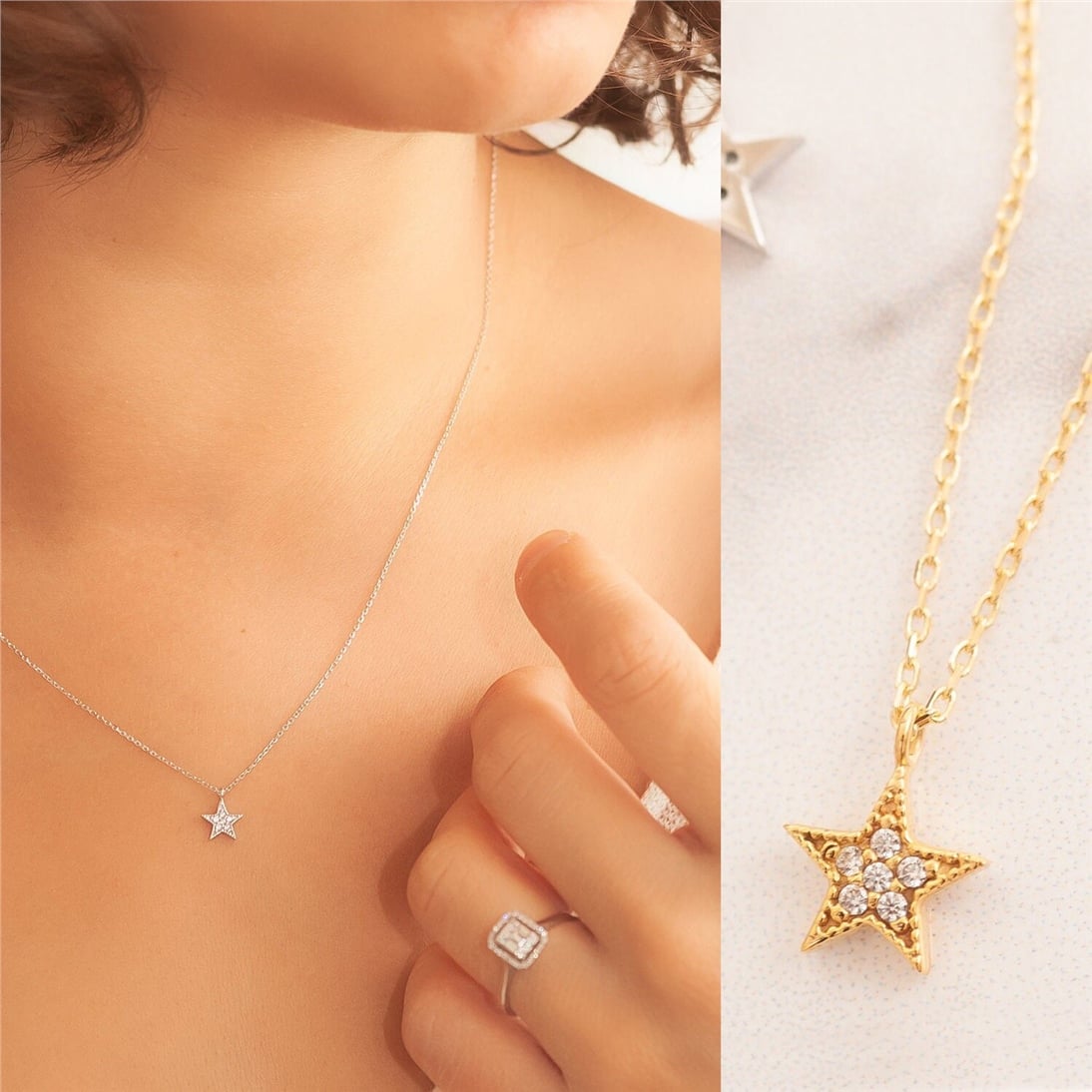 Goldstore-14k 18k Solid Gold Diamond Star Necklace, Gold Star Necklace, Genuine Diamond Necklace, Tiny Star Diamond Choker Necklace is gift for her