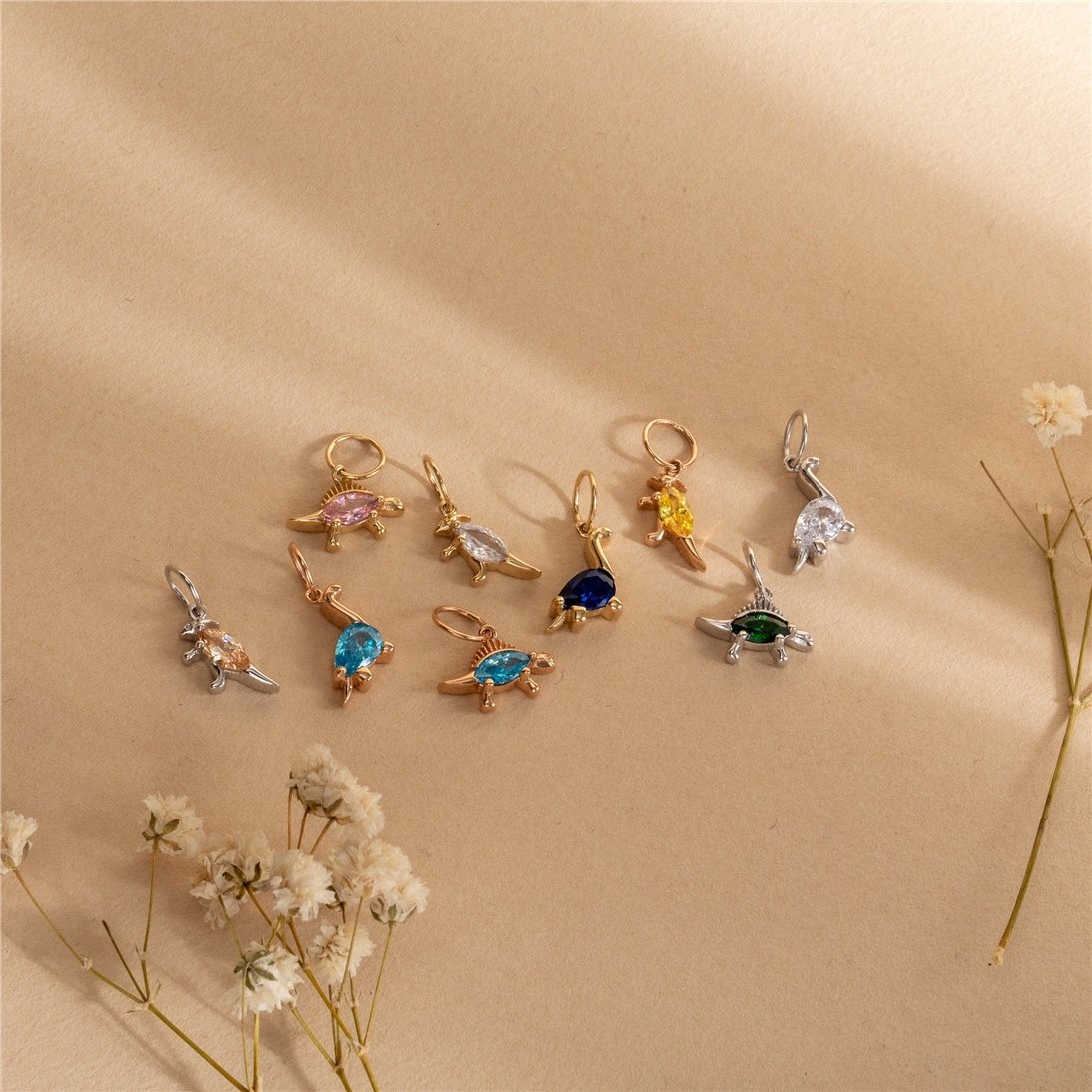 Goldstore-14K 18K Solid Gold Dinosaur Charm Pendant, Triceratops, Stegosaurus, Brachiosaurus With Birthstone, Best Gift For Science Fiction Lover