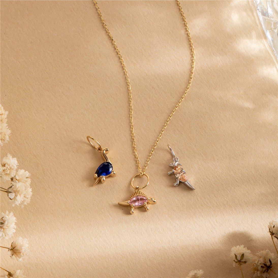 Goldstore-14K 18K Solid Gold Dinosaur Charm Pendant, Triceratops, Stegosaurus, Brachiosaurus With Birthstone, Best Gift For Science Fiction Lover