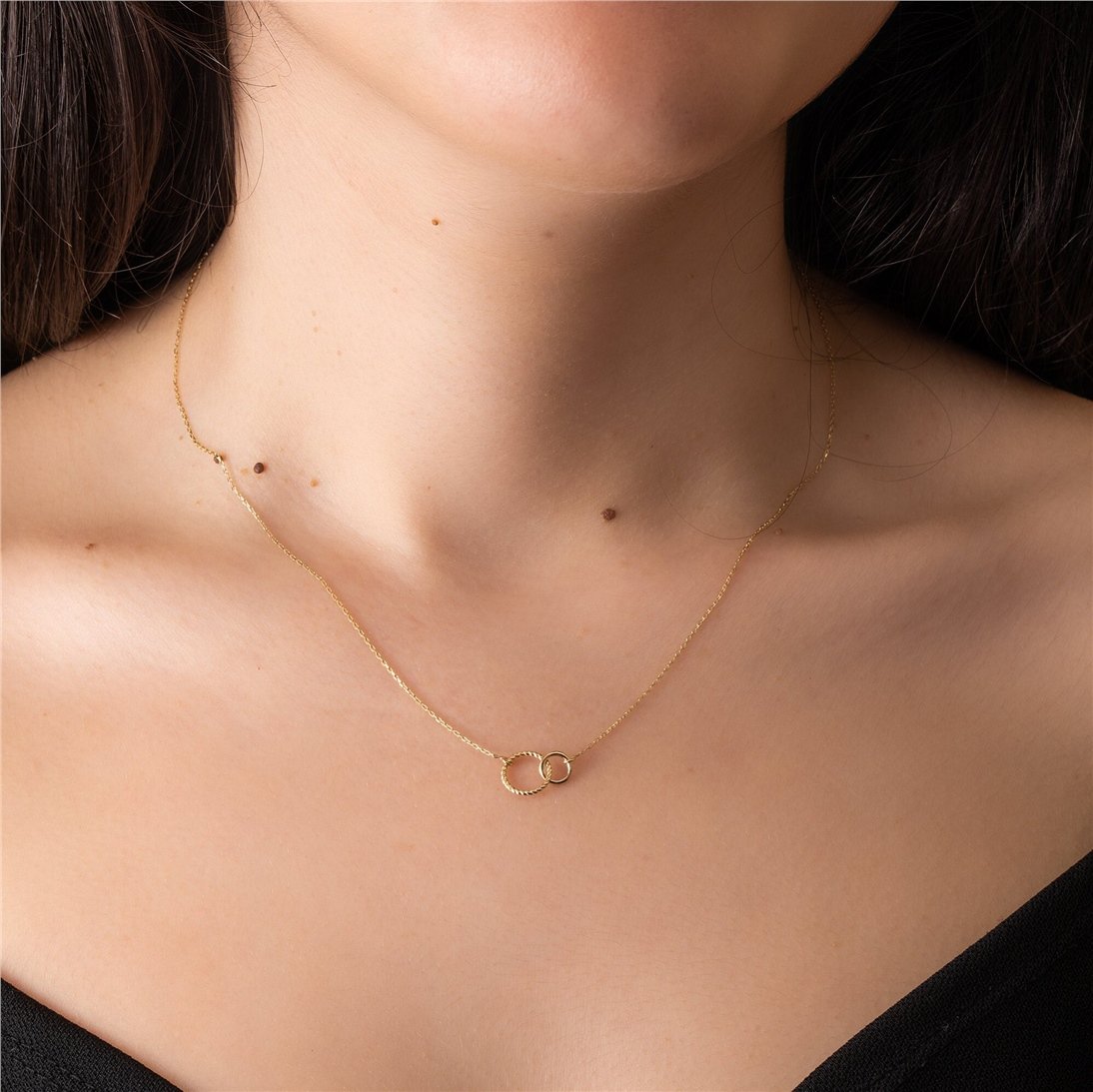 Goldstore-14K 18K Solid Gold Eternity Circle Necklace, Dainty Double Open Circle Necklace, Two Interlocking Entwined  Rings Infinity Layering Necklace
