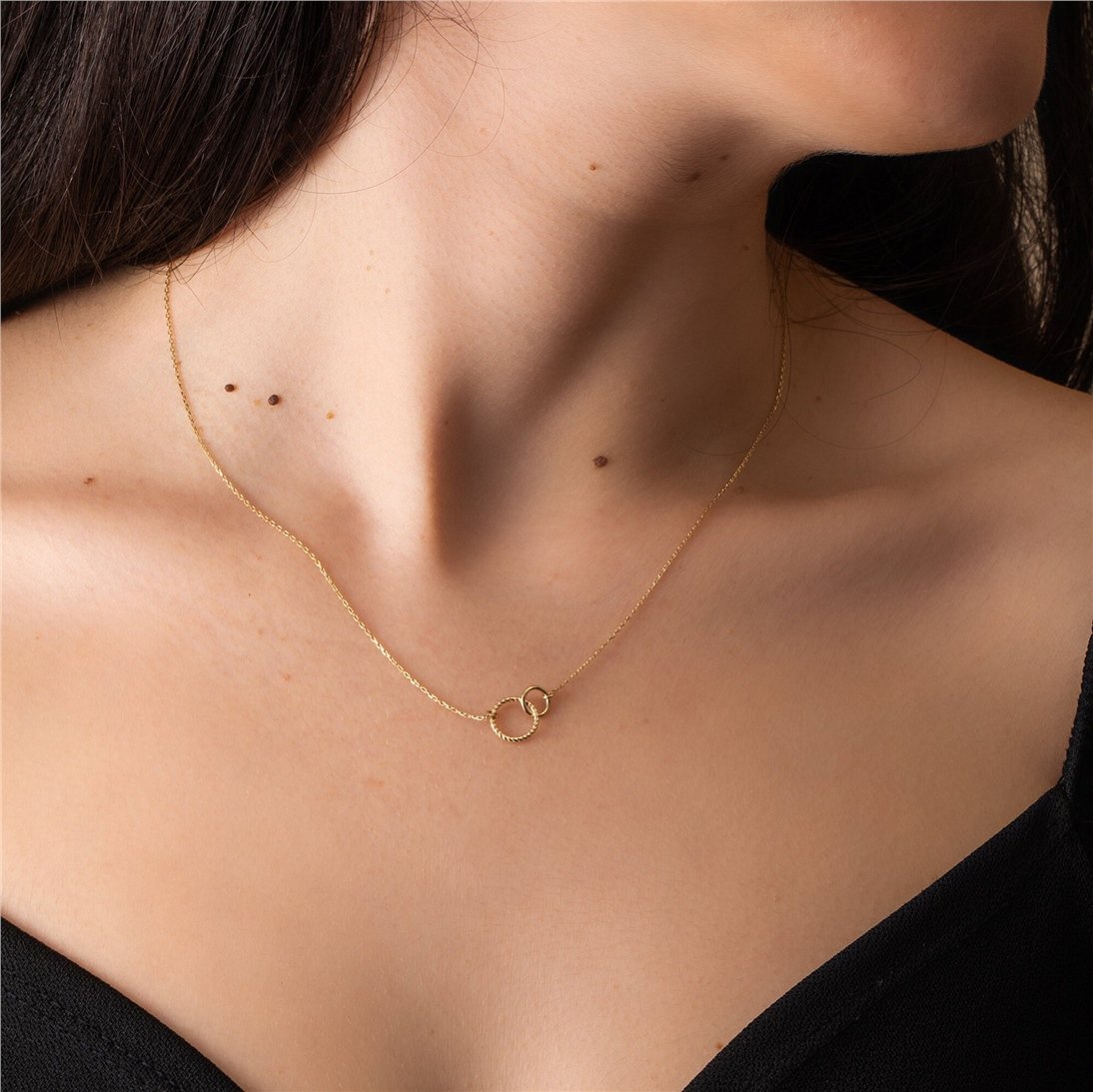 Goldstore-14K 18K Solid Gold Eternity Circle Necklace, Dainty Double Open Circle Necklace, Two Interlocking Entwined  Rings Infinity Layering Necklace