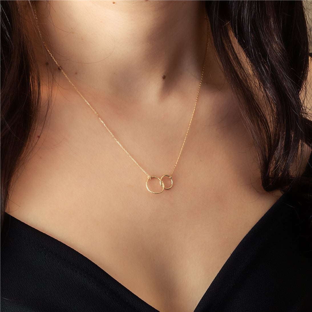 Goldstore-14K 18K Solid Gold Eternity Circle Necklace, Dainty Double Open Circle Necklace, Two Interlocking Entwined  Rings Infinity Layering Necklace