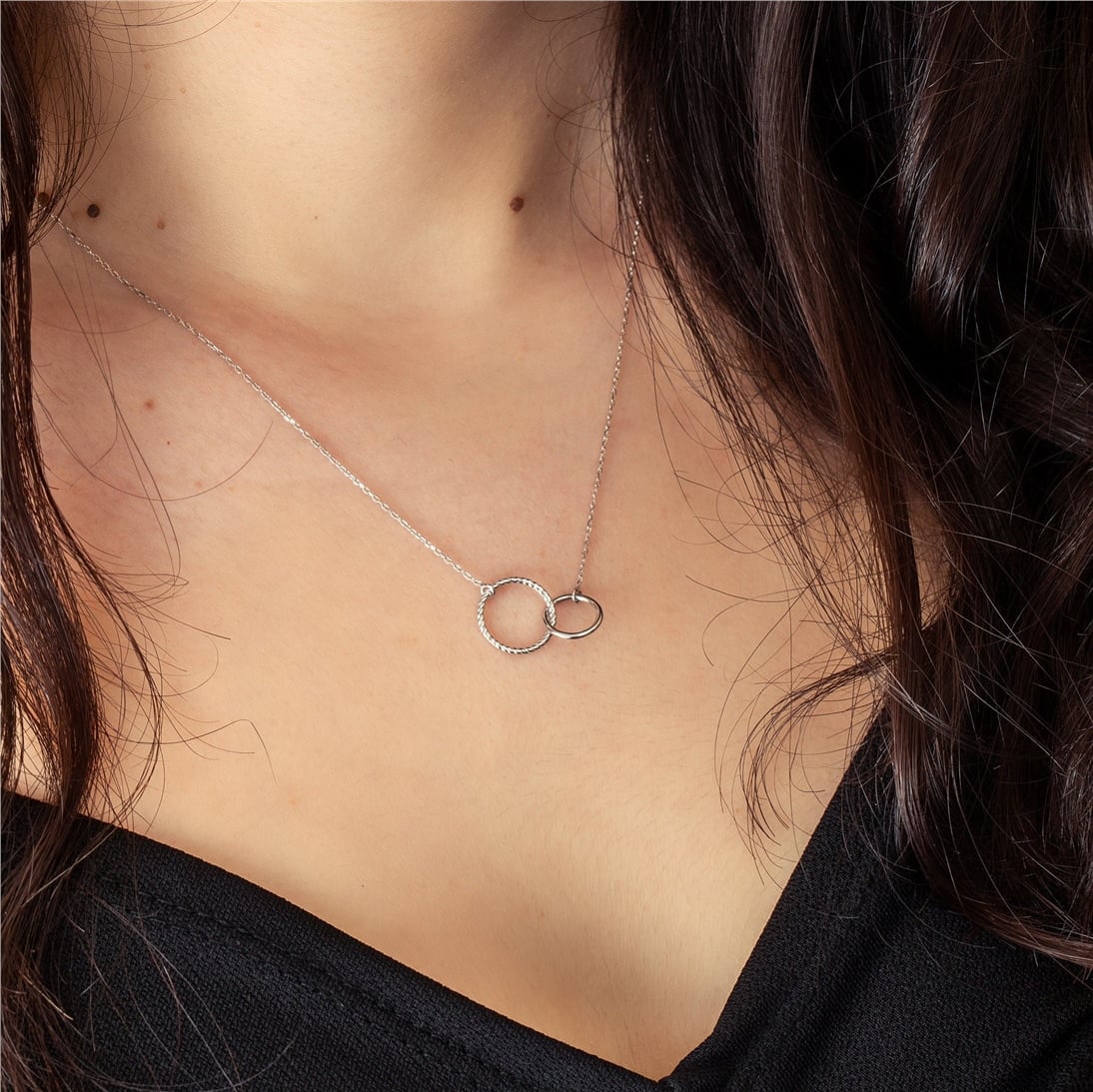 Goldstore-14K 18K Solid Gold Eternity Circle Necklace, Dainty Double Open Circle Necklace, Two Interlocking Entwined  Rings Infinity Layering Necklace