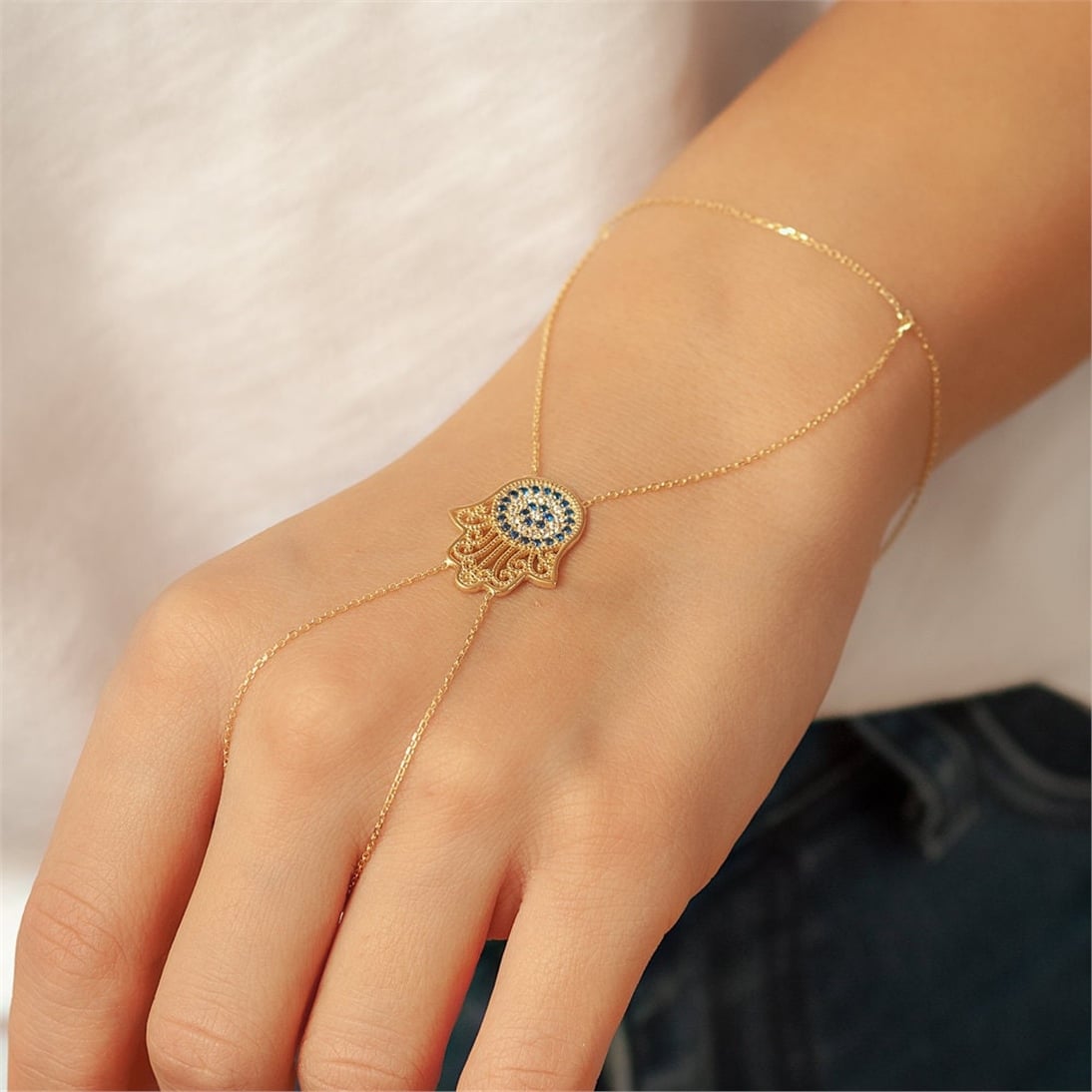 Goldstore-14K 18K Solid Gold Evil Eye Hamsa Sahmeran Bracelet, Fatima Hand Palm Chain Bracelet with Blue Eyes, Bridal Slave Bracelet Christmas Gift.