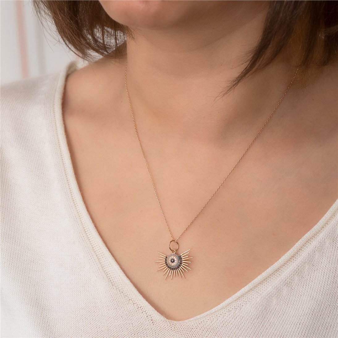 Goldstore-14K 18K Solid Gold Evil Eye Sun Necklace, Sunburst Evil Eye Necklace, Blue Eye Sun Necklace Gift For Her, Sun Rays Pendant Gift Christmas