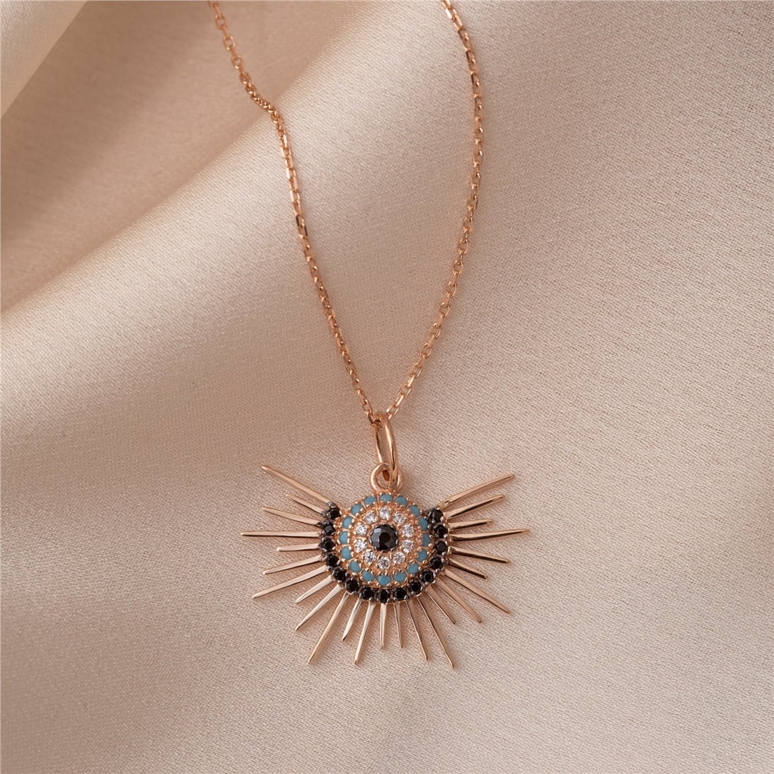 Goldstore-14K 18K Solid Gold Evil Eye Sun Necklace, Sunburst Evil Eye Necklace, Blue Eye Sun Necklace Gift For Her, Sun Rays Pendant Gift Christmas