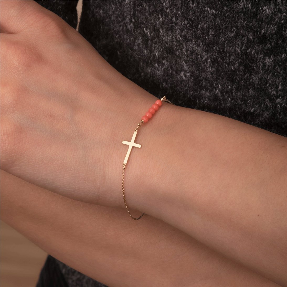 Goldstore-14K 18K Solid Gold Gemstone Sideways Cross Bracelet, Tiny Coral - Pearl - Lapis Lazuli Bracelet, Christening Jewelery, Dainty Baptism Gift