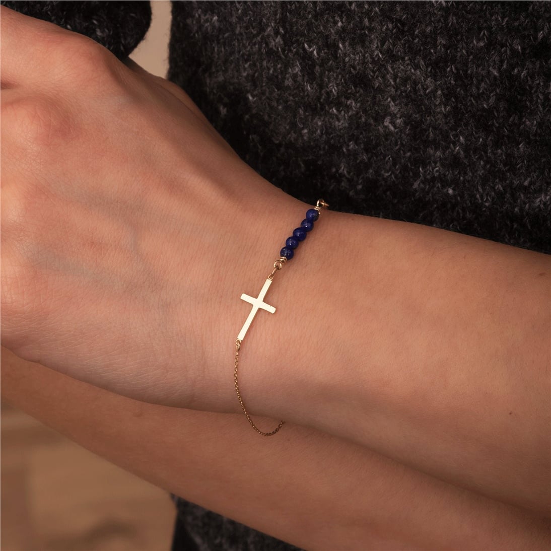 Goldstore-14K 18K Solid Gold Gemstone Sideways Cross Bracelet, Tiny Coral - Pearl - Lapis Lazuli Bracelet, Christening Jewelery, Dainty Baptism Gift
