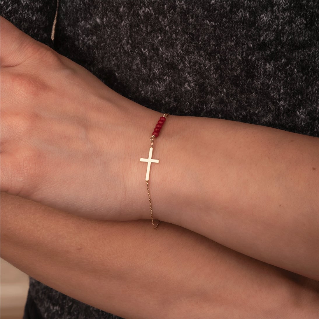 Goldstore-14K 18K Solid Gold Gemstone Sideways Cross Bracelet, Tiny Coral - Pearl - Lapis Lazuli Bracelet, Christening Jewelery, Dainty Baptism Gift