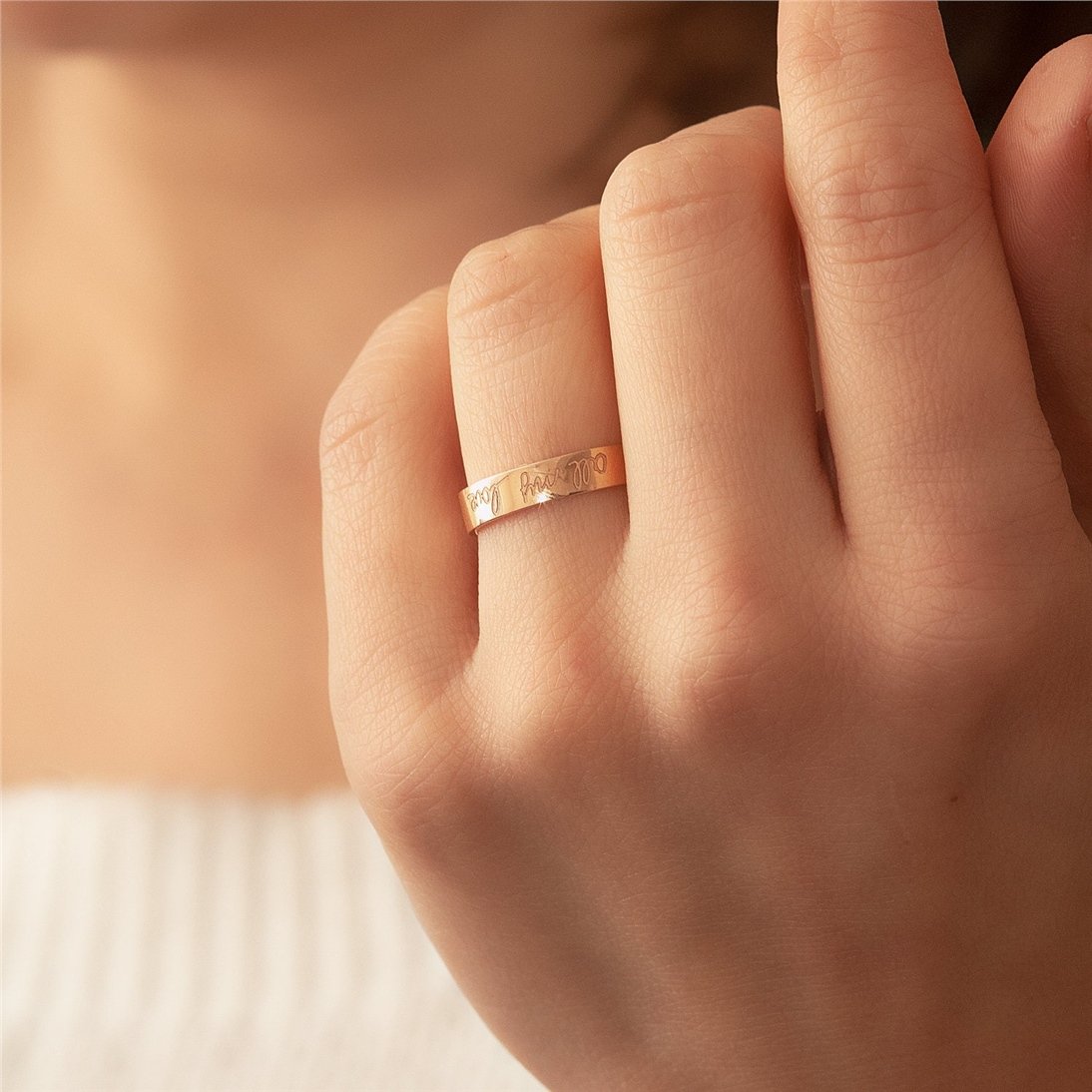 Goldstore-14k 18k Solid Gold Handwriting Ring, Engrave Name Coordinate Gold 3 mm Band Ring, Actual Handwriting Wedding Band, Custom Roman Numeral Band