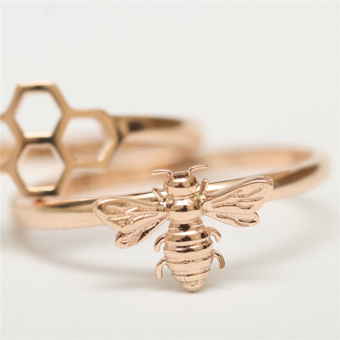 Goldstore-14k 18k Solid Gold Honeycomb Stacking Ring, Stacking Honeycomb & Bee Gold Ring Set is a Great Gift For Her, Bridesmaid Valentine’s Gift for