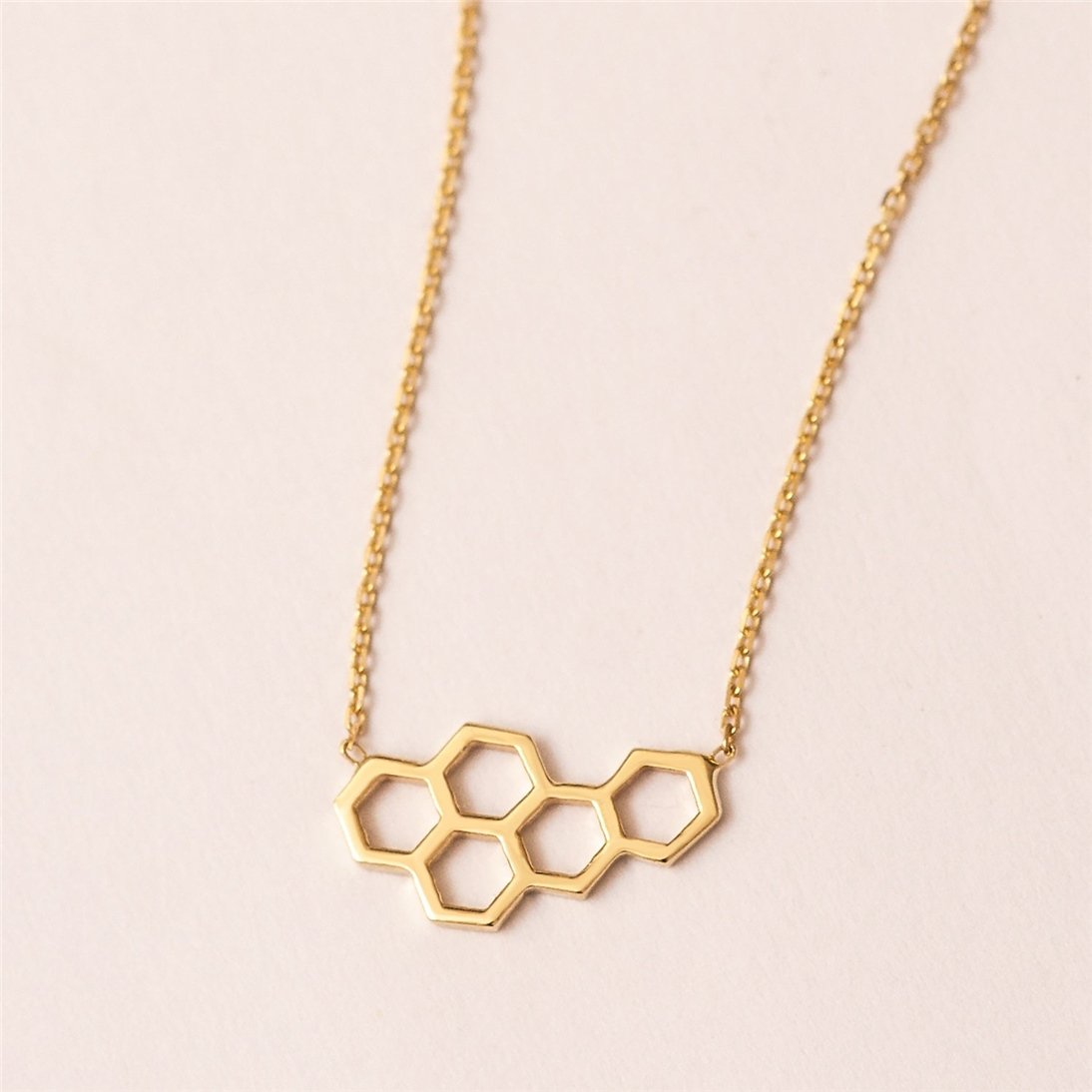 Goldstore-14K 18K Solid Gold Honeycomb Initial Necklace, Honeycomb Charm Necklace, Sideways Initial & Birthstone, Beehive Choker Necklace Gift for Her