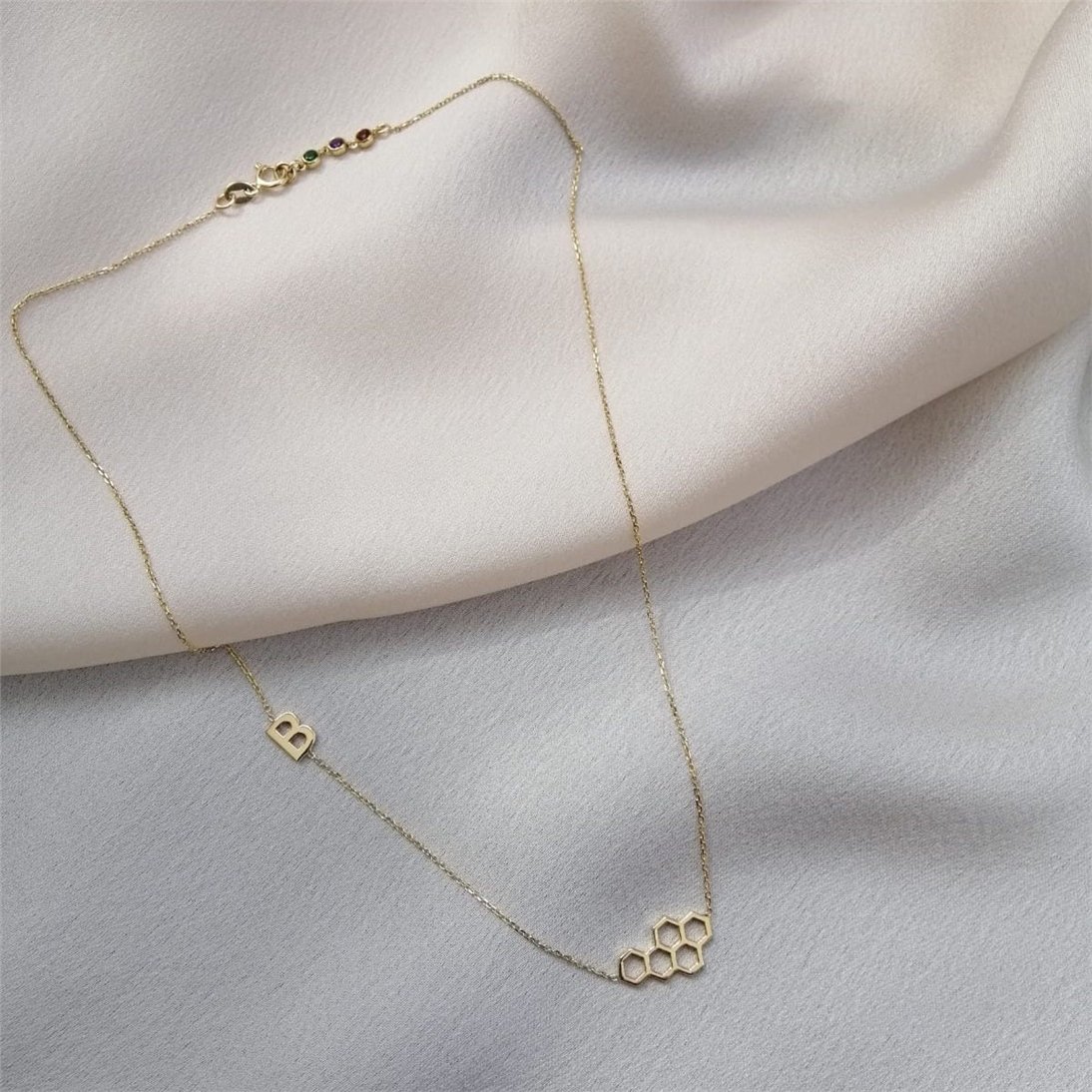 Goldstore-14K 18K Solid Gold Honeycomb Initial Necklace, Honeycomb Charm Necklace, Sideways Initial & Birthstone, Beehive Choker Necklace Gift for Her