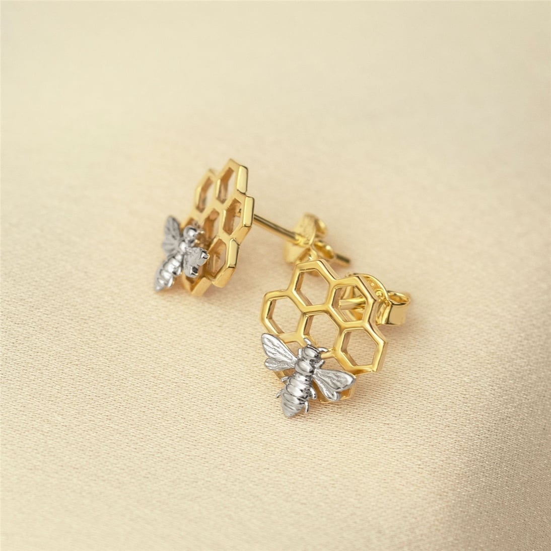 Goldstore-14K 18K Solid Gold Honeycomb and Bee Studs Earring, Dainty Two Tones Gold Bee on Hexagon Honeycomb Stud Earring is a Great Gift For Her.