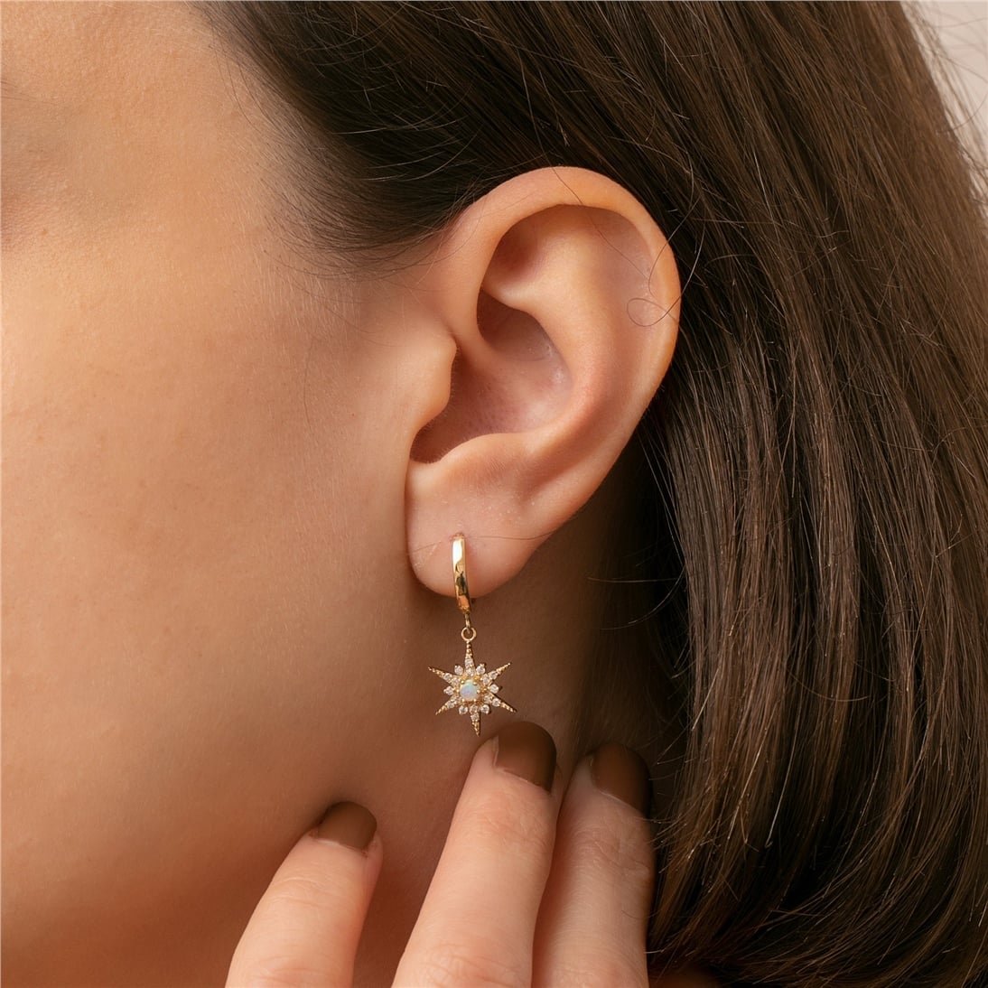 Goldstore-14K 18K Solid Gold Hoop Big Opal North Star Earrings, Dangling Opal Star Earrings, Dainty Winter Jewelry, Cute Gift For Her