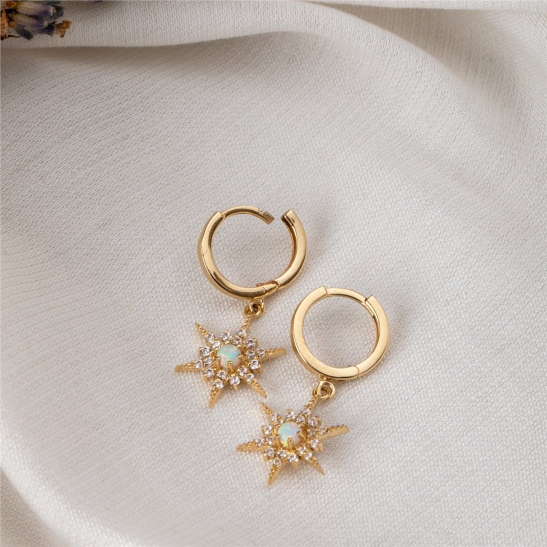 Goldstore-14K 18K Solid Gold Hoop Big Opal North Star Earrings, Dangling Opal Star Earrings, Dainty Winter Jewelry, Cute Gift For Her