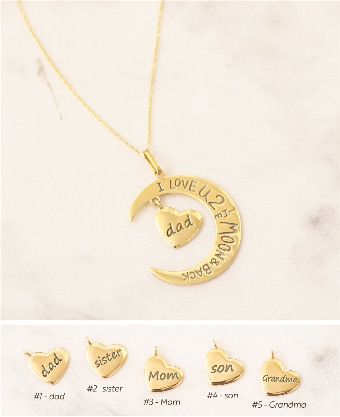Goldstore-14k 18k Solid Gold I Love You to the Moon and Back Heart Family Pendant Necklaces, Mom Son Dad Sister Grandma Charm, Custom Engrave Pendant