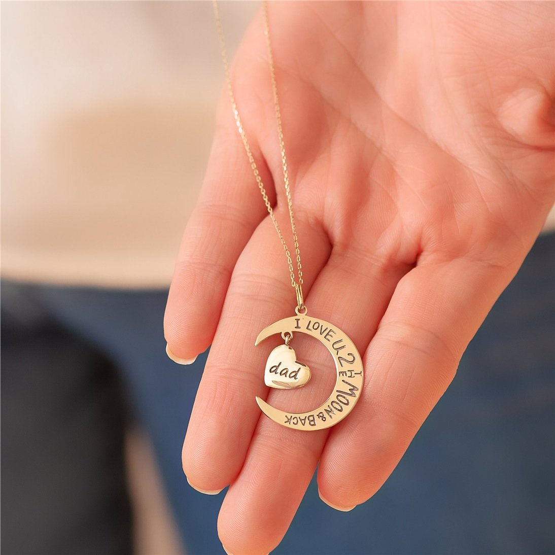 Goldstore-14k 18k Solid Gold I Love You to the Moon and Back Heart Family Pendant Necklaces, Mom Son Dad Sister Grandma Charm, Custom Engrave Pendant