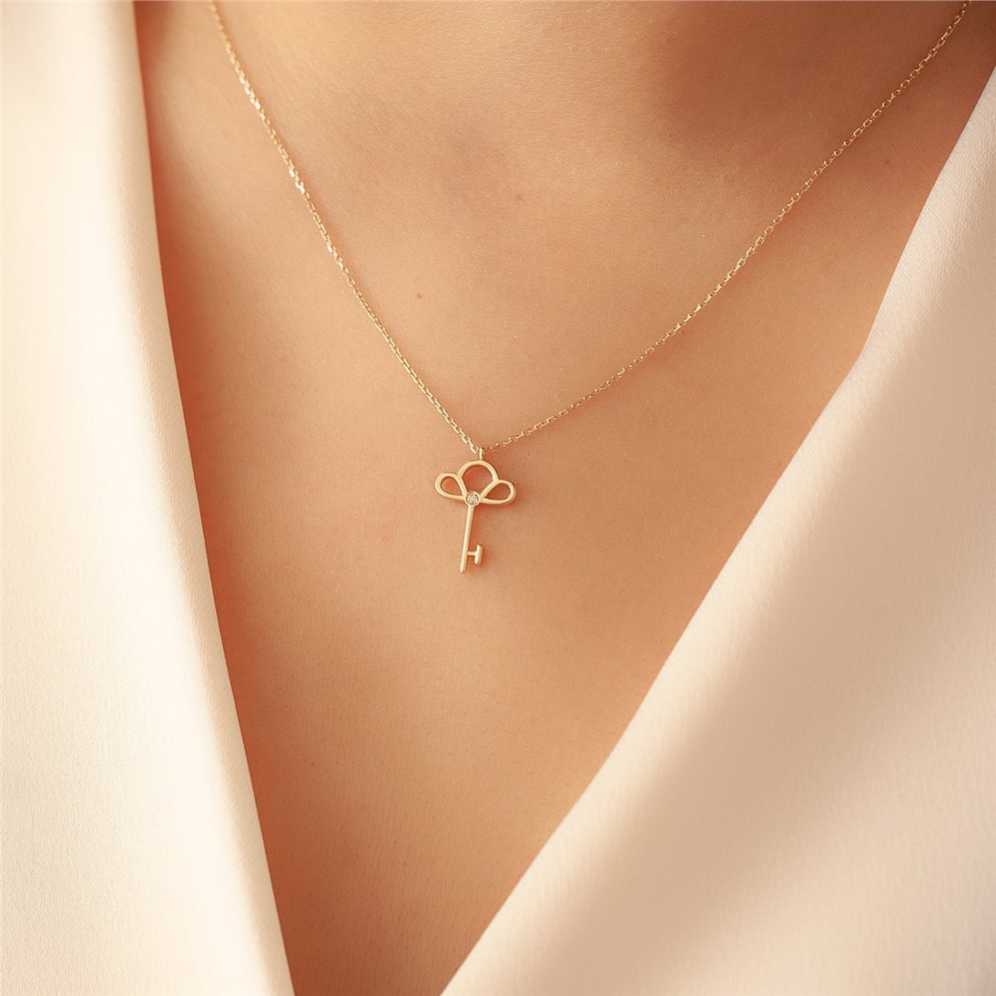 Goldstore-14k 18k Solid Gold Key Diamond Necklace, Diamond Key Necklace, Dainty Gold Key Lock Necklace, Diamond Key Pendant Necklace Gift for Her