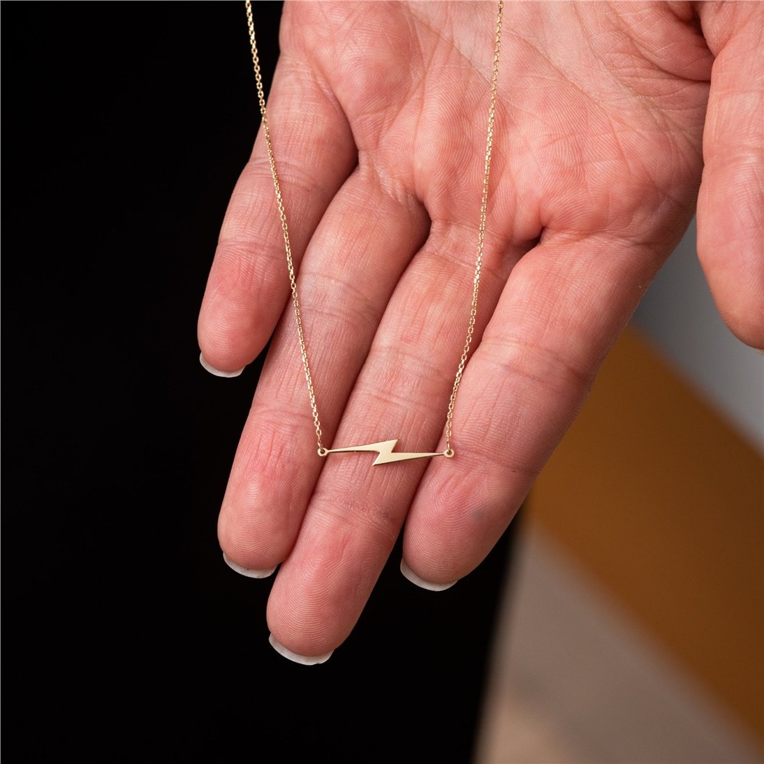 Goldstore-14k 18k Solid Gold Lightning Bolt Necklace, Gold Choker Dainty Sideways Lightning Necklace, Lightning Bolt Charm Necklace Great Gift For Her