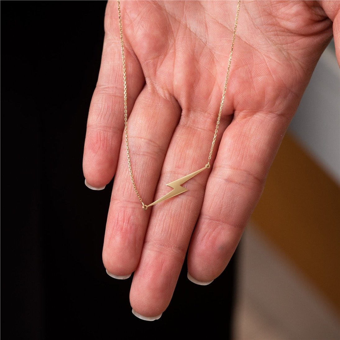 Goldstore-14k 18k Solid Gold Lightning Bolt Necklace, Gold Choker Dainty Sideways Lightning Necklace, Lightning Bolt Charm Necklace Great Gift For Her