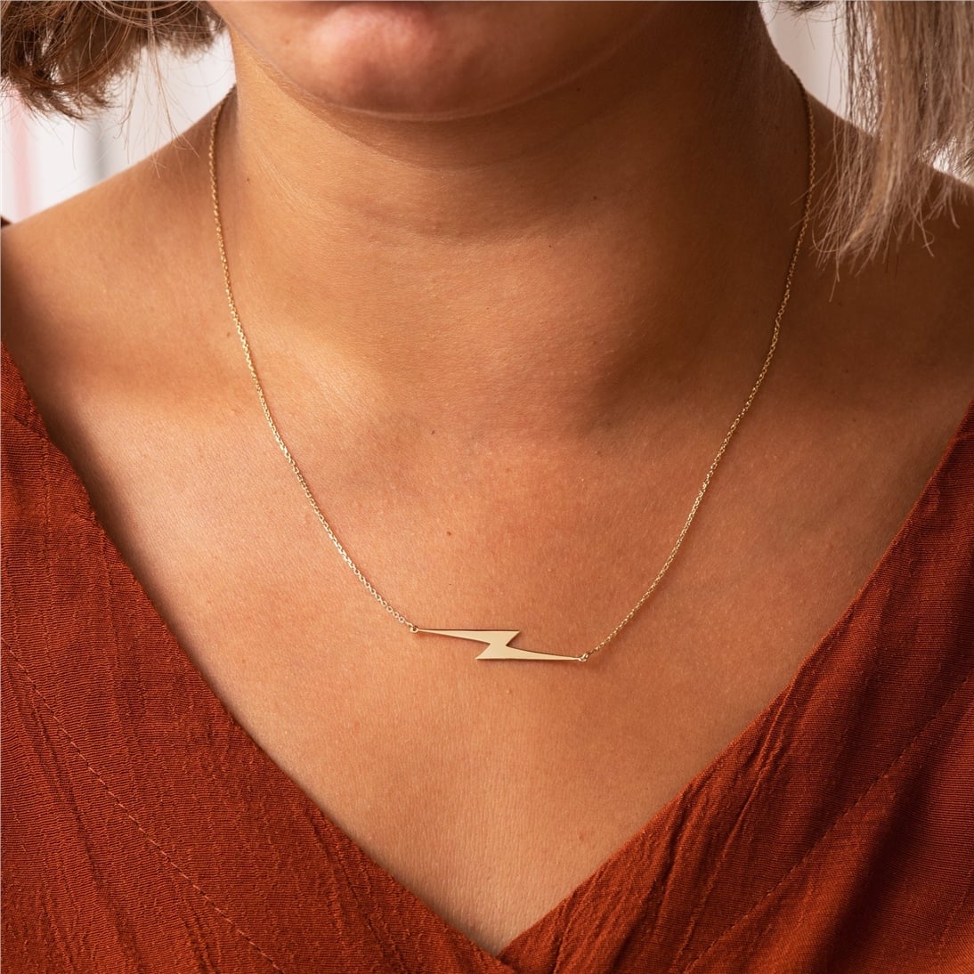 Goldstore-14k 18k Solid Gold Lightning Bolt Necklace, Gold Choker Dainty Sideways Lightning Necklace, Lightning Bolt Charm Necklace Great Gift For Her